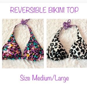Reversible Triangle Cup Halter Bikini Top Purple Floral Animal Print Size M/L